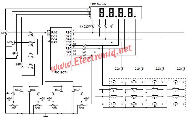 PIC16c71 four channel digital voltmeter circuit diagram