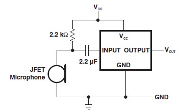 Electret microphone amplifier schematic circuit with TLV1018